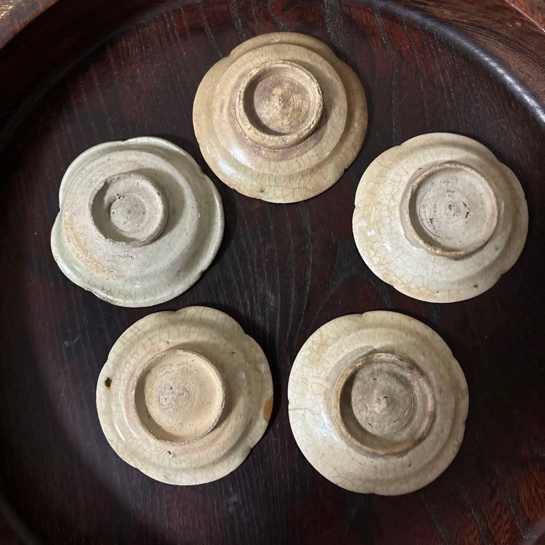 灰釉小皿　5点　豆皿　美濃瀬戸　酒盃　骨董　アンティーク　古道具　古民具　李朝
