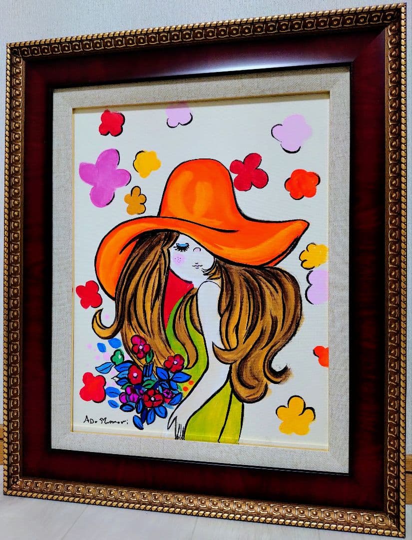 【F6号】水森亜土　手描き作品/表裏サイン・裏描き有/油彩/アクリル/額縁/額装