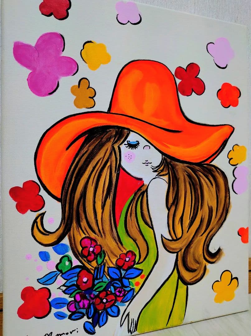 【F6号】水森亜土　手描き作品/表裏サイン・裏描き有/油彩/アクリル/額縁/額装