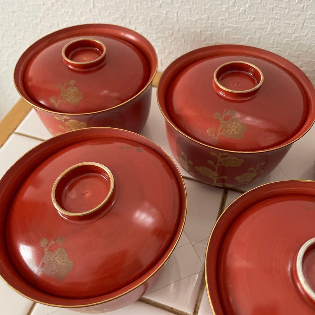 5客 橘吉 飯碗 梅 赤絵 金彩 雑煮椀 お盆 お正月小鉢蓋つき煮物碗 丼鉢