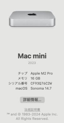 Apple Mac mini M2Pro 16GB SSD 1TB 2023年