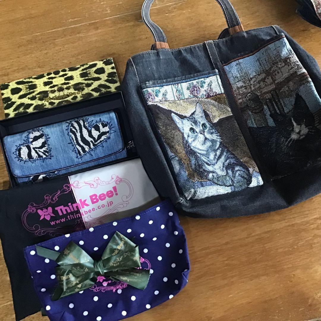 【おまとめご依頼品】シンクビー猫刺繍デニムトートバッグ（ゴブラン織）、長財布