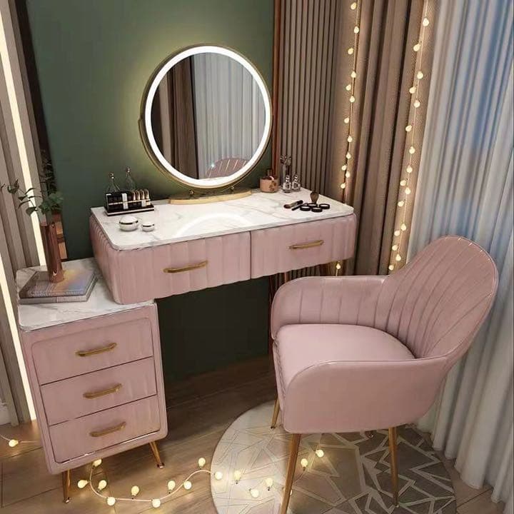 オシャレドレッサー　ベロア調デスク引き出し2杯LEDミラー　椅子　棚4点セット