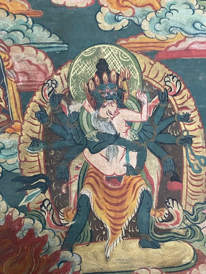 チベット仏教美術　時代　大威徳明王　ヤマーンタカ　肉筆　タンカ