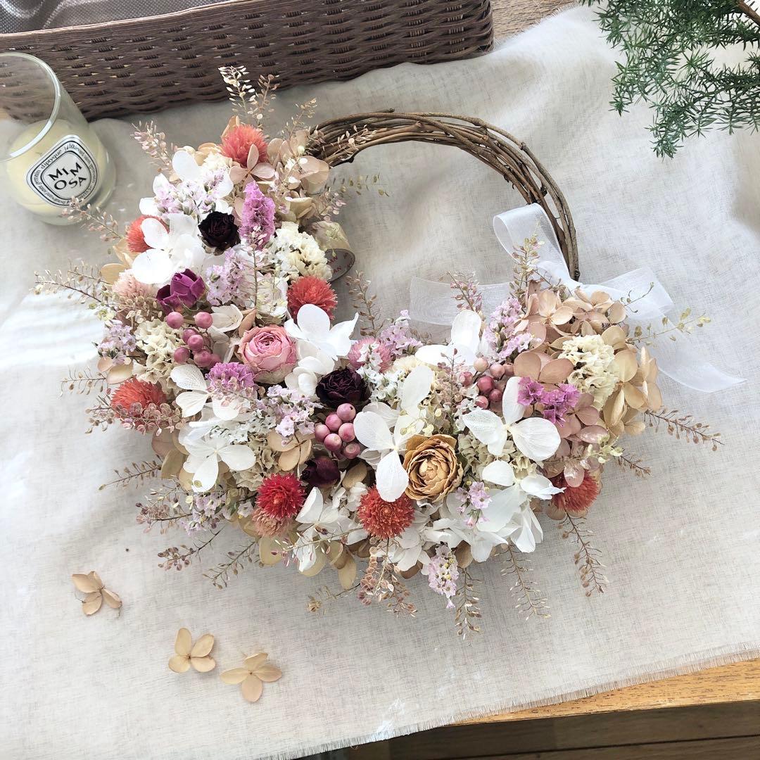 ＊Natural＊赤い千日紅とホワイトリース＊ドライフラワーリース