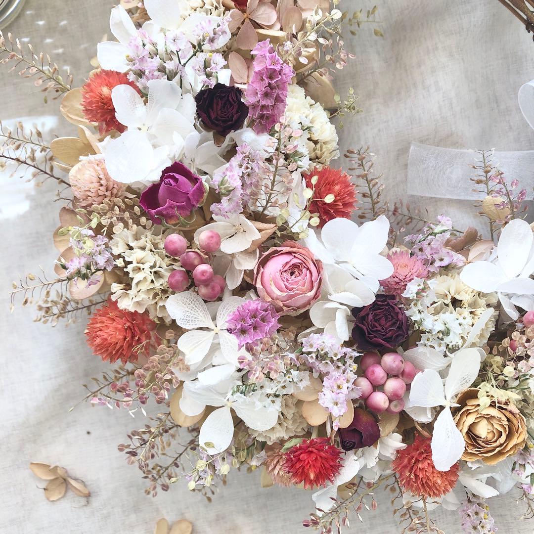 ＊Natural＊赤い千日紅とホワイトリース＊ドライフラワーリース