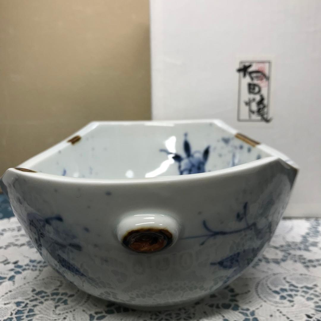 福泉窯　染付草花紋　耳付変形鉢　1客　共箱入り　新品未使用