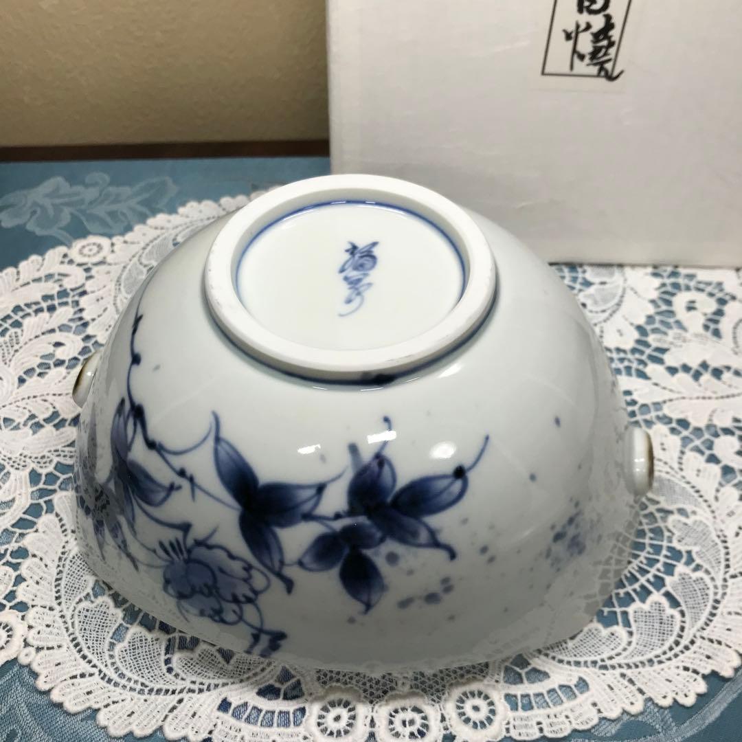 福泉窯　染付草花紋　耳付変形鉢　1客　共箱入り　新品未使用