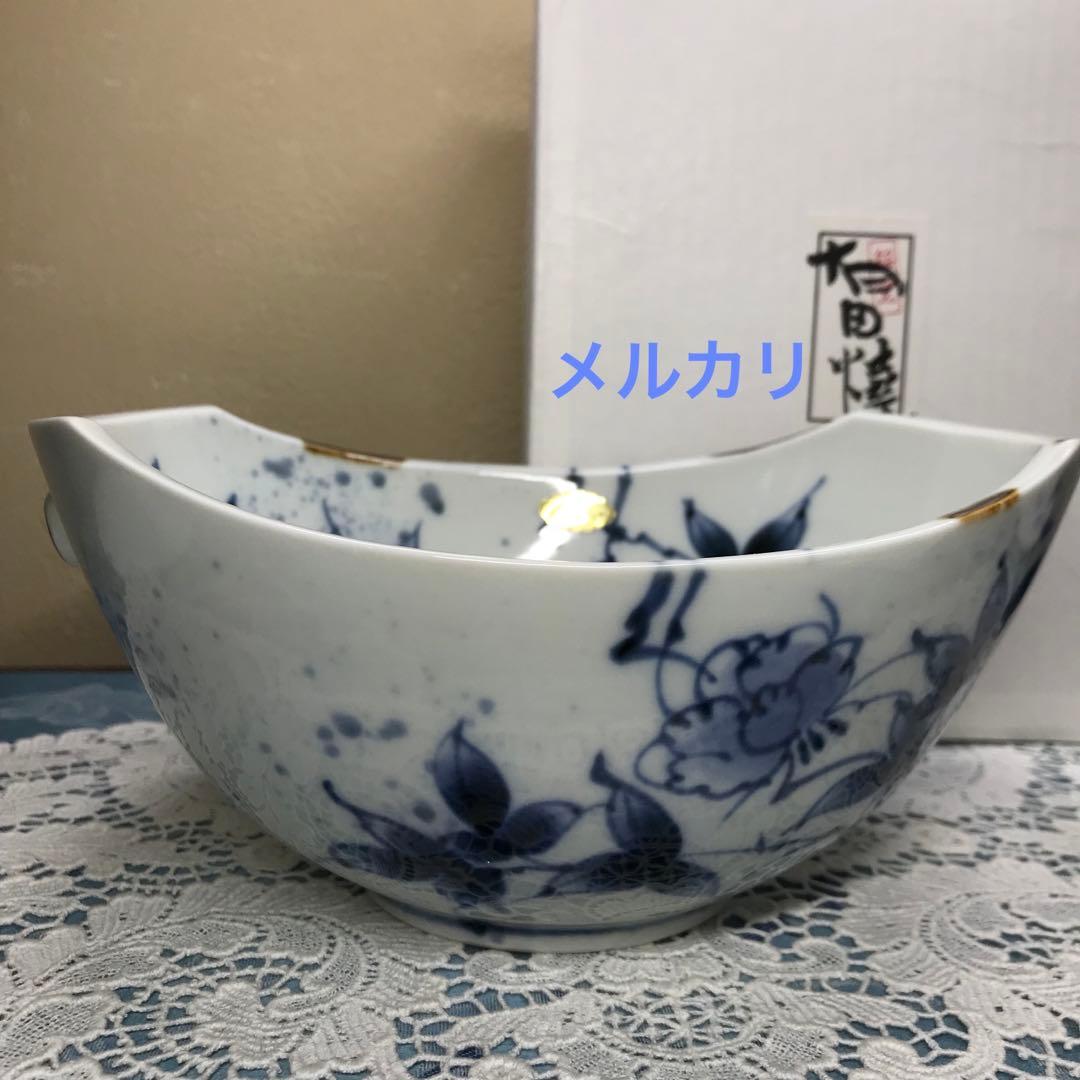 福泉窯　染付草花紋　耳付変形鉢　1客　共箱入り　新品未使用