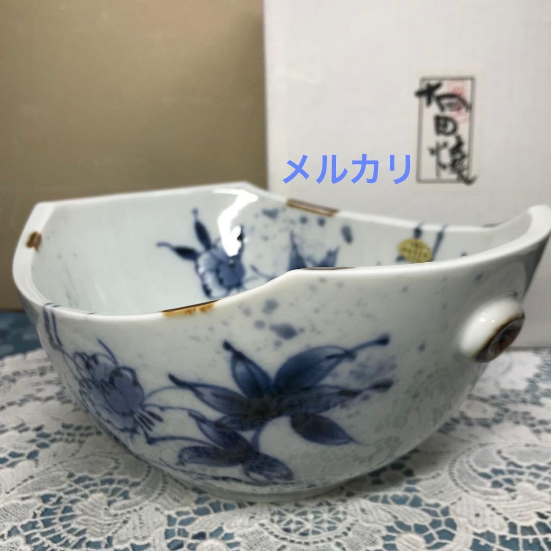 福泉窯　染付草花紋　耳付変形鉢　1客　共箱入り　新品未使用