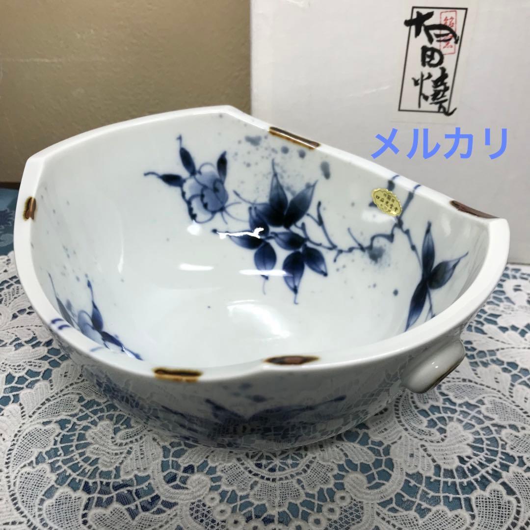 福泉窯　染付草花紋　耳付変形鉢　1客　共箱入り　新品未使用