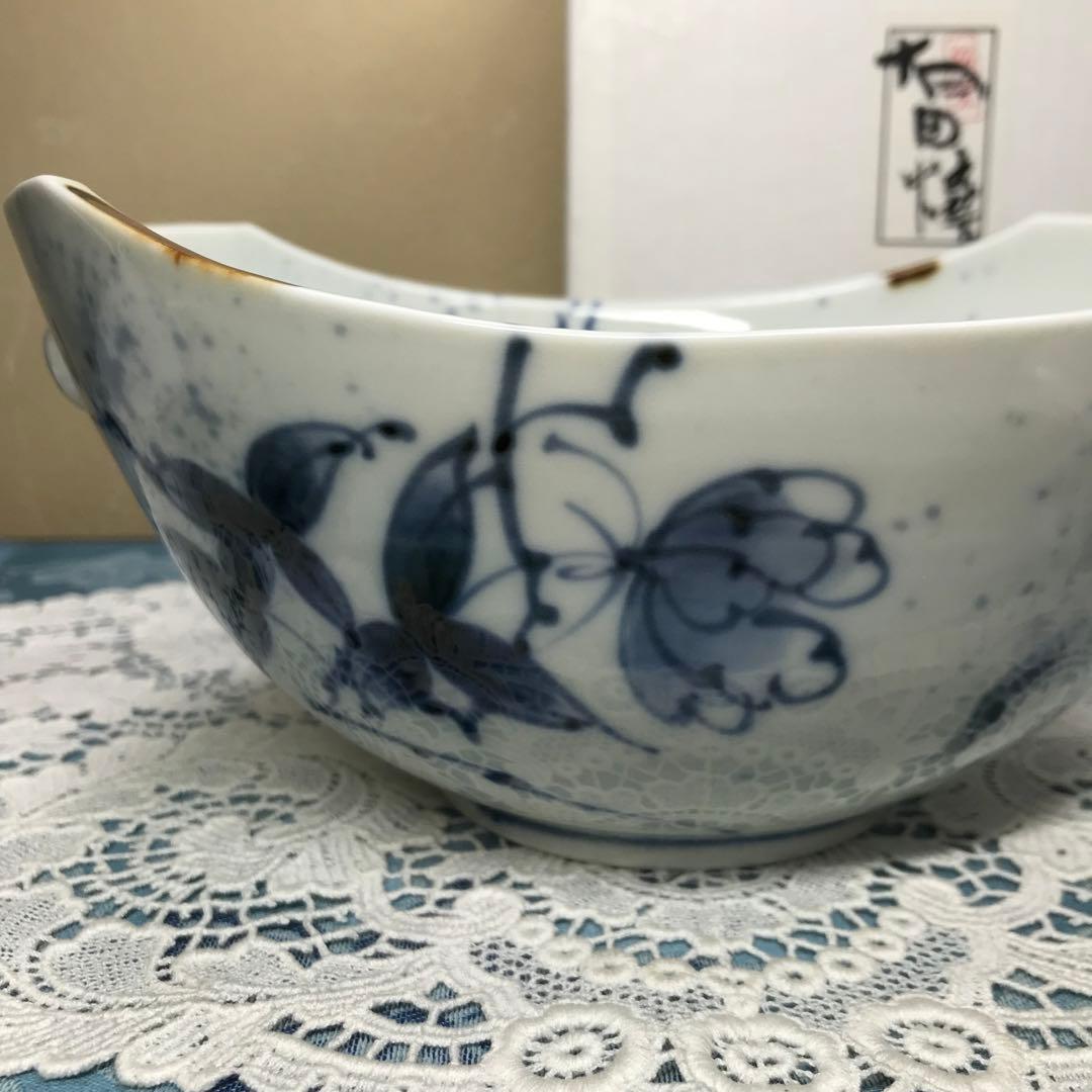 福泉窯　染付草花紋　耳付変形鉢　1客　共箱入り　新品未使用