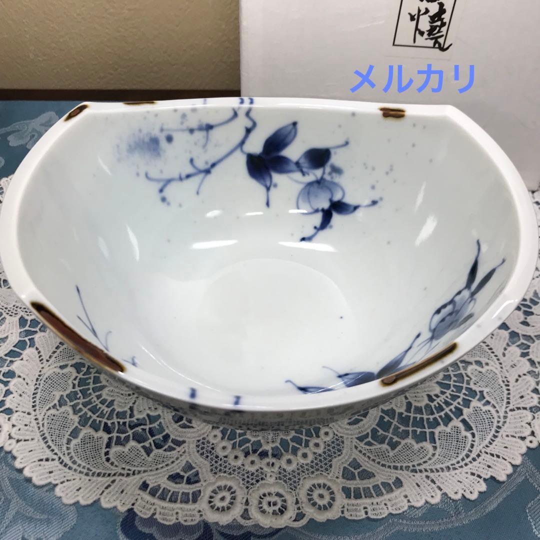 福泉窯　染付草花紋　耳付変形鉢　1客　共箱入り　新品未使用