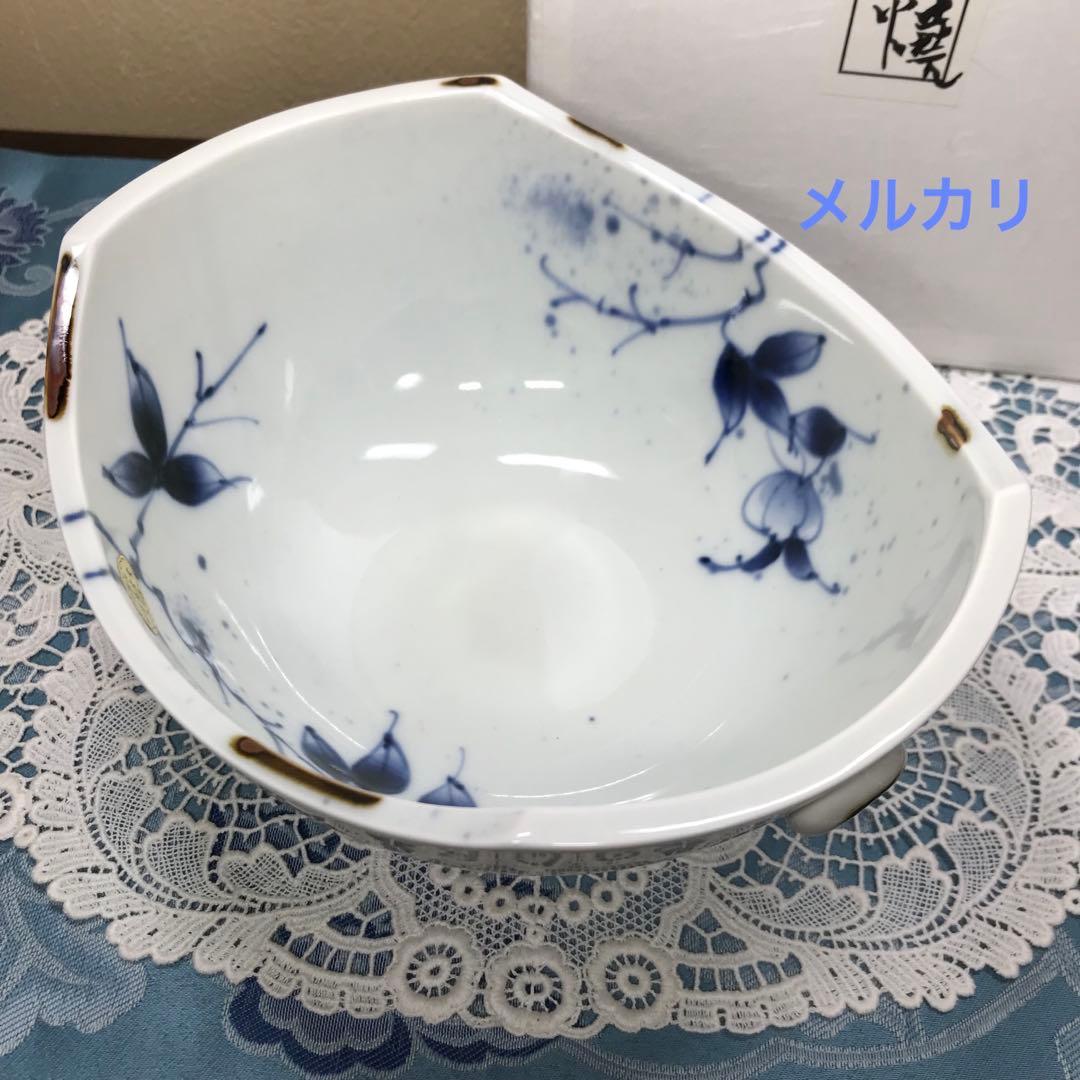 福泉窯　染付草花紋　耳付変形鉢　1客　共箱入り　新品未使用
