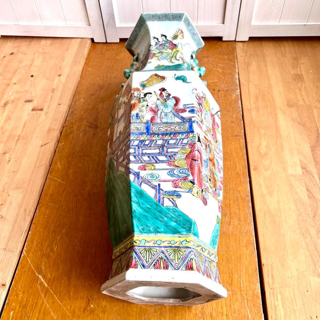 粉彩大花瓶 仙人図絵 花文双耳 八角瓶 珍品 中国