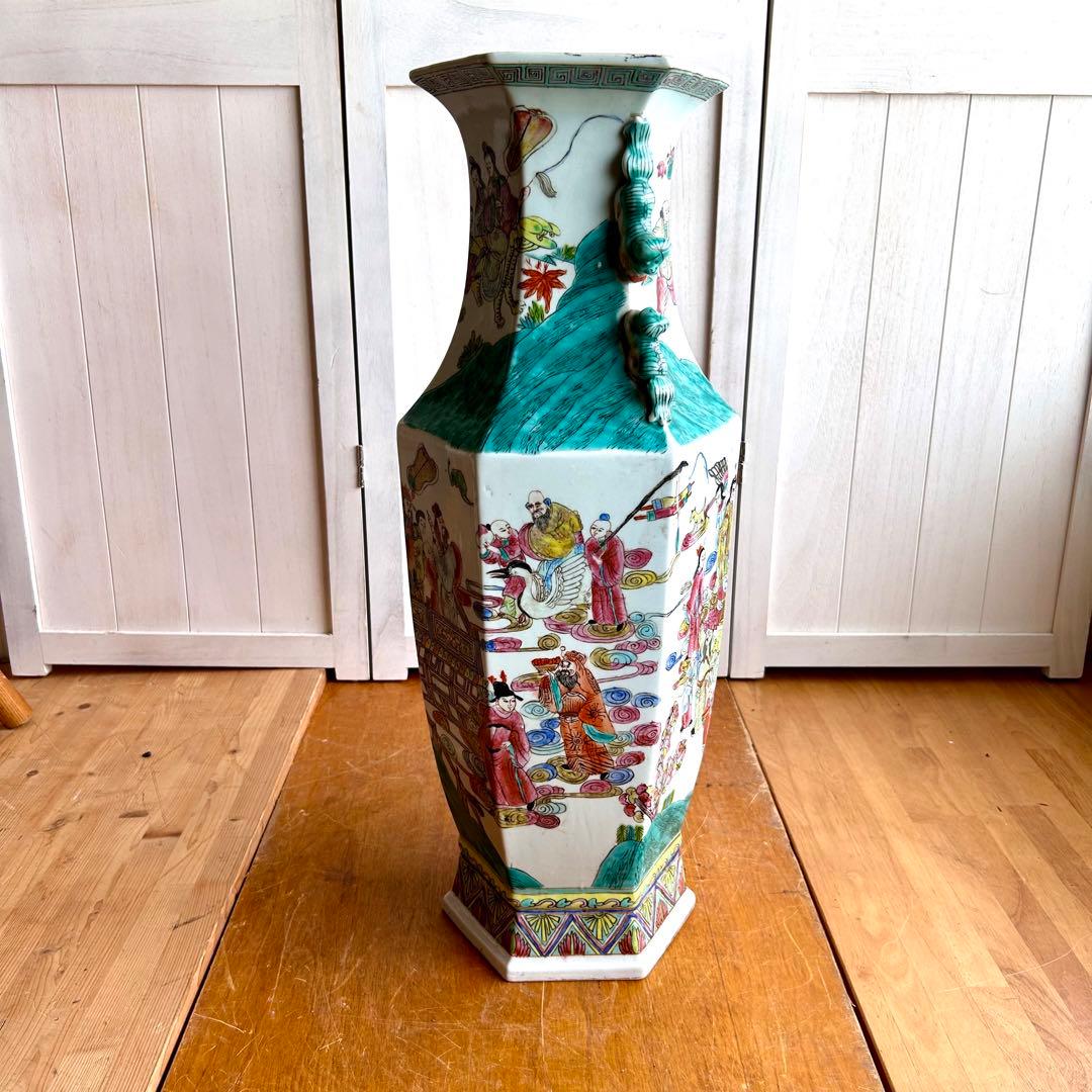 粉彩大花瓶 仙人図絵 花文双耳 八角瓶 珍品 中国