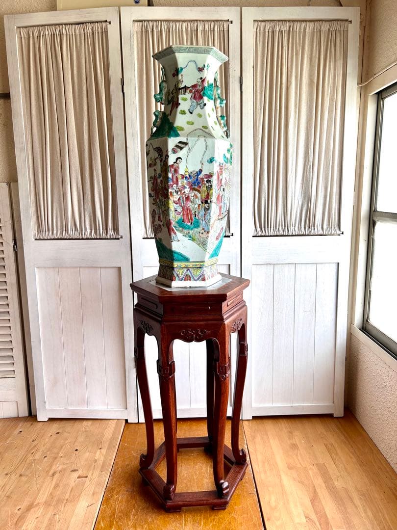 粉彩大花瓶 仙人図絵 花文双耳 八角瓶 珍品 中国