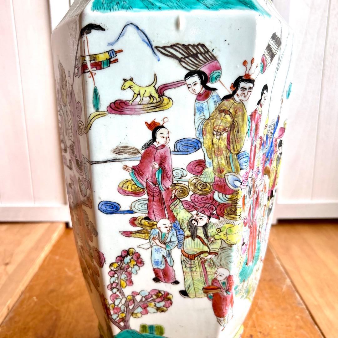 粉彩大花瓶 仙人図絵 花文双耳 八角瓶 珍品 中国