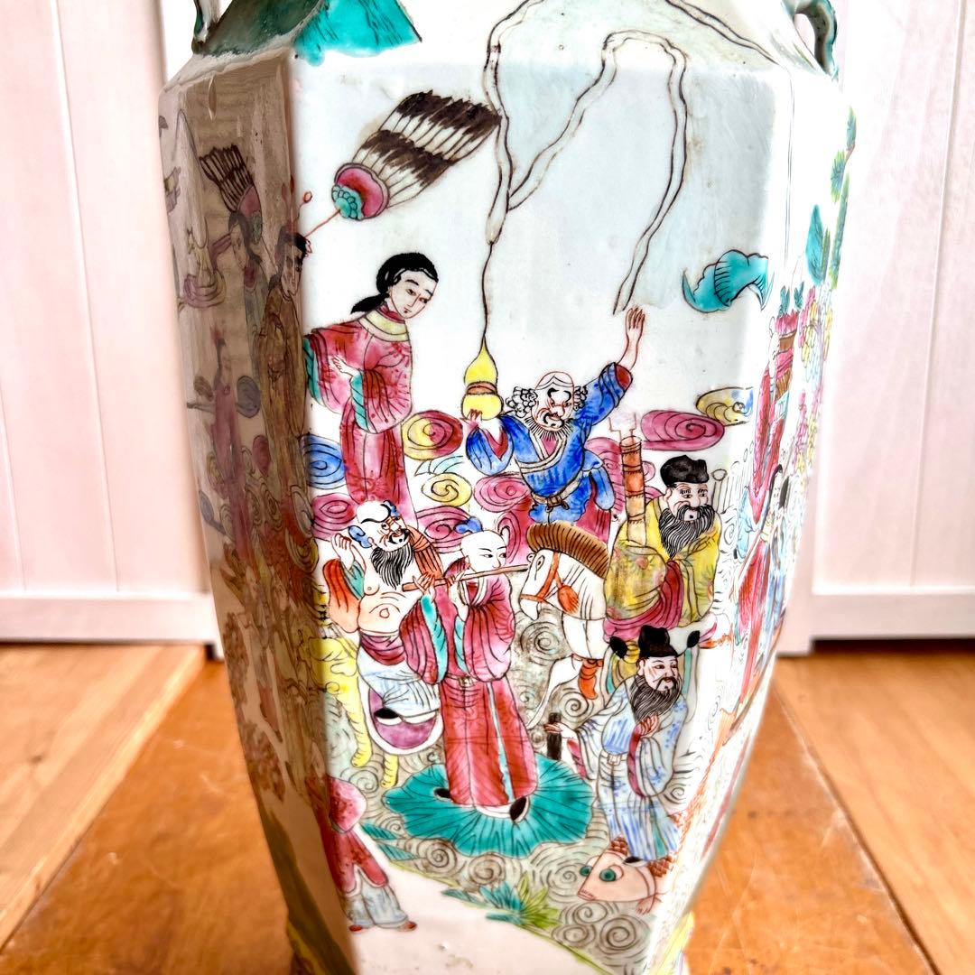 粉彩大花瓶 仙人図絵 花文双耳 八角瓶 珍品 中国