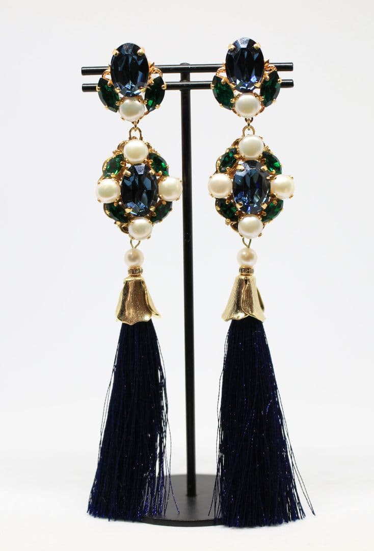 ロングタッセル 淡水パール スワロフスキー 2way アンティーク調 ピアス