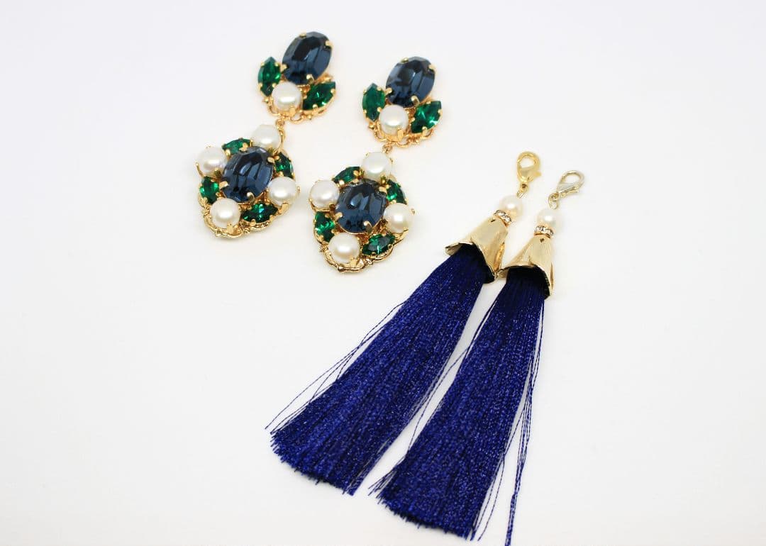 ロングタッセル 淡水パール スワロフスキー 2way アンティーク調 ピアス