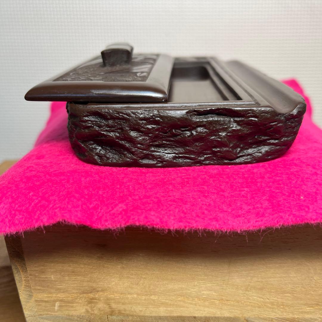 ⭕️赤間硯　彫刻蓋付き硯　木村玉池堂　木村保一　硯匠　華泉作　美品　女性好み