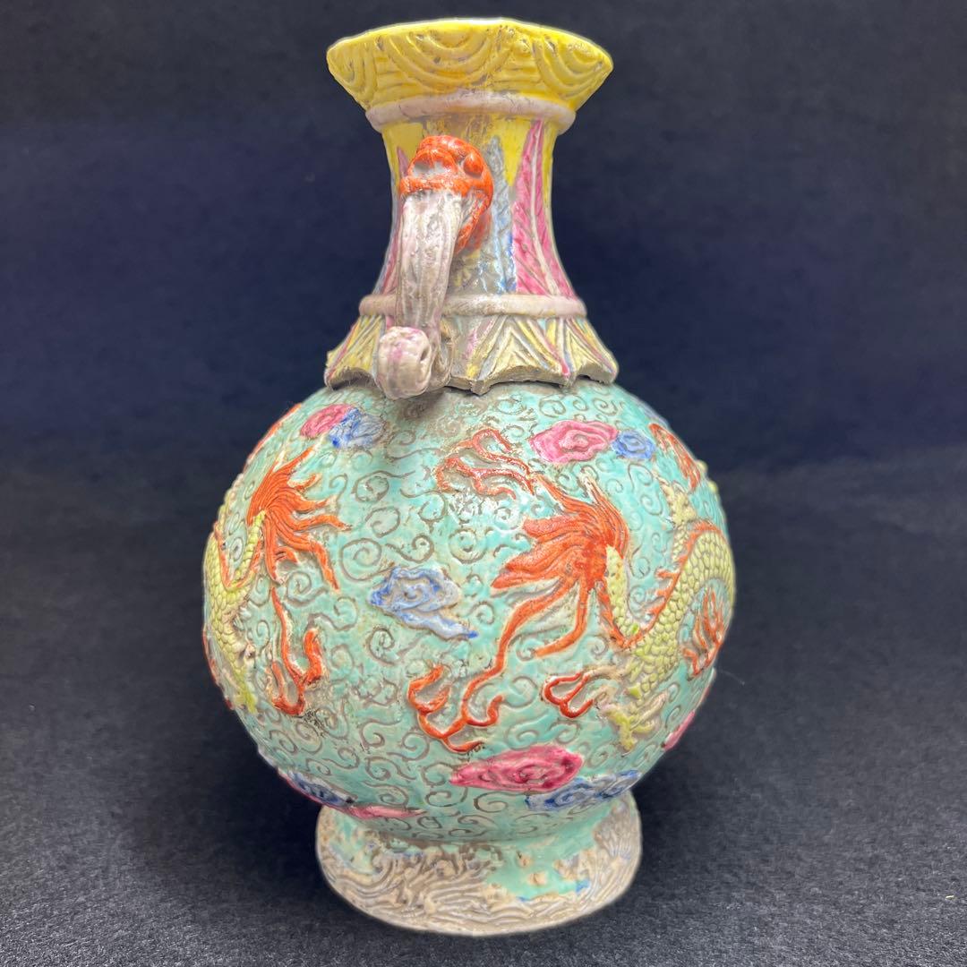 中国清時代　大清乾隆年製　粉彩浮彫龍図花瓶　東Y8-0408☆2F