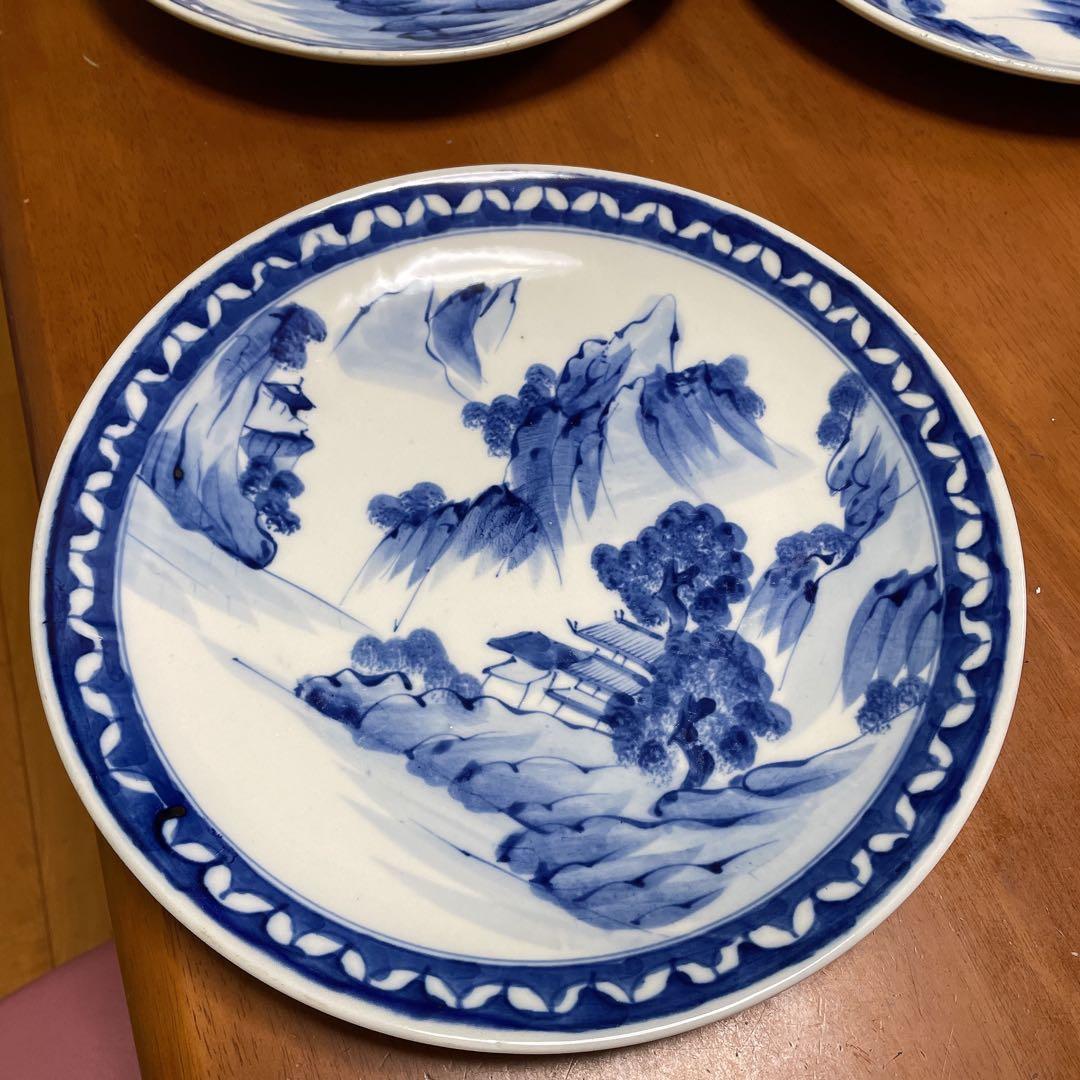 青白い山水画の陶磁器皿　3枚セット