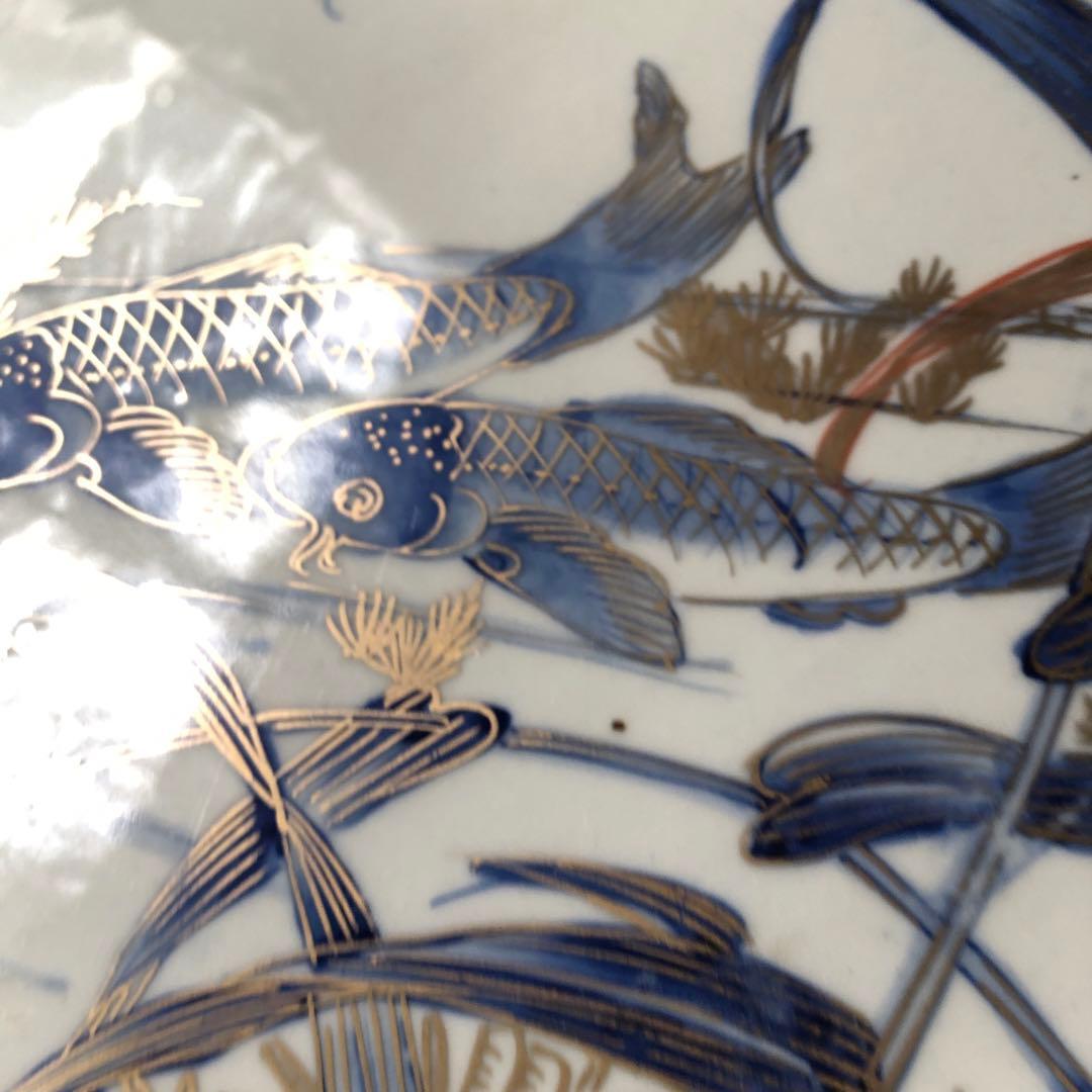 古伊万里 染付金彩 夫婦鯉に鷺図 特大飾り皿 40cm 二枚
