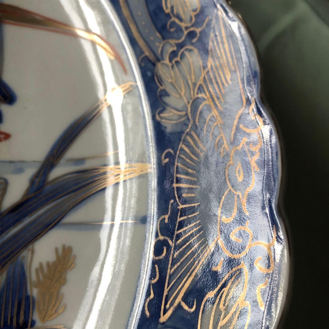 古伊万里 染付金彩 夫婦鯉に鷺図 特大飾り皿 40cm 二枚