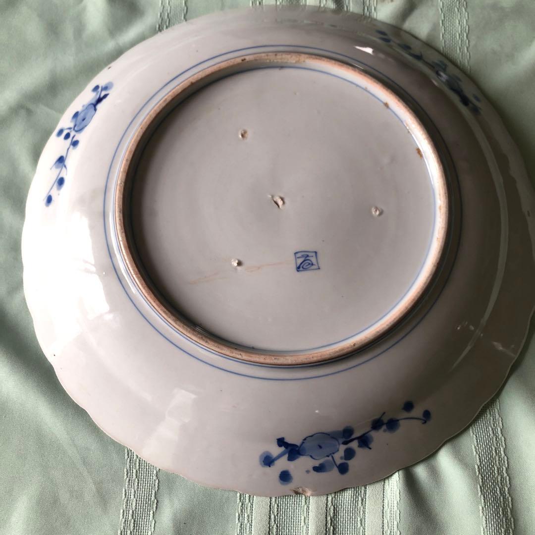 古伊万里 染付金彩 夫婦鯉に鷺図 特大飾り皿 40cm 二枚