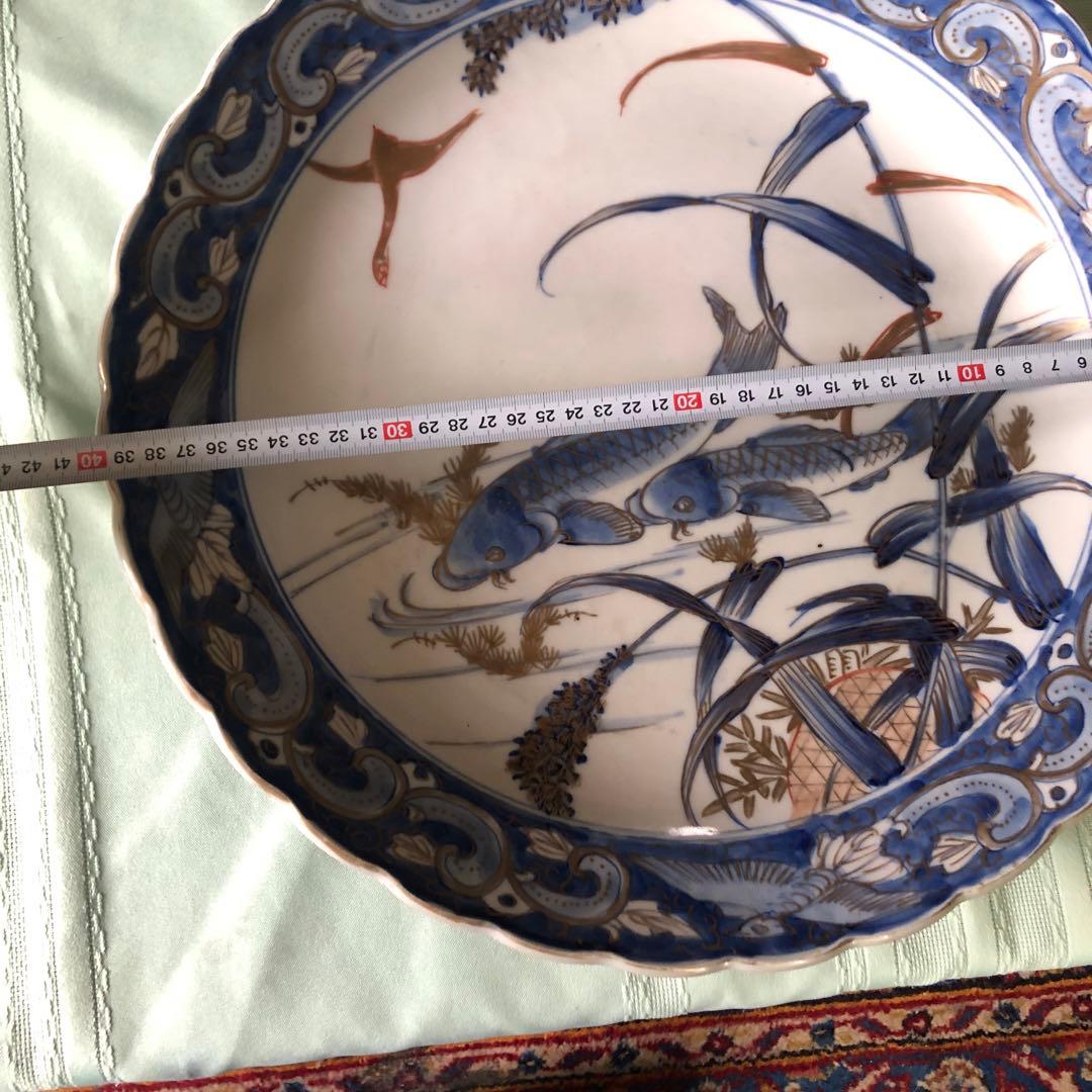 古伊万里 染付金彩 夫婦鯉に鷺図 特大飾り皿 40cm 二枚