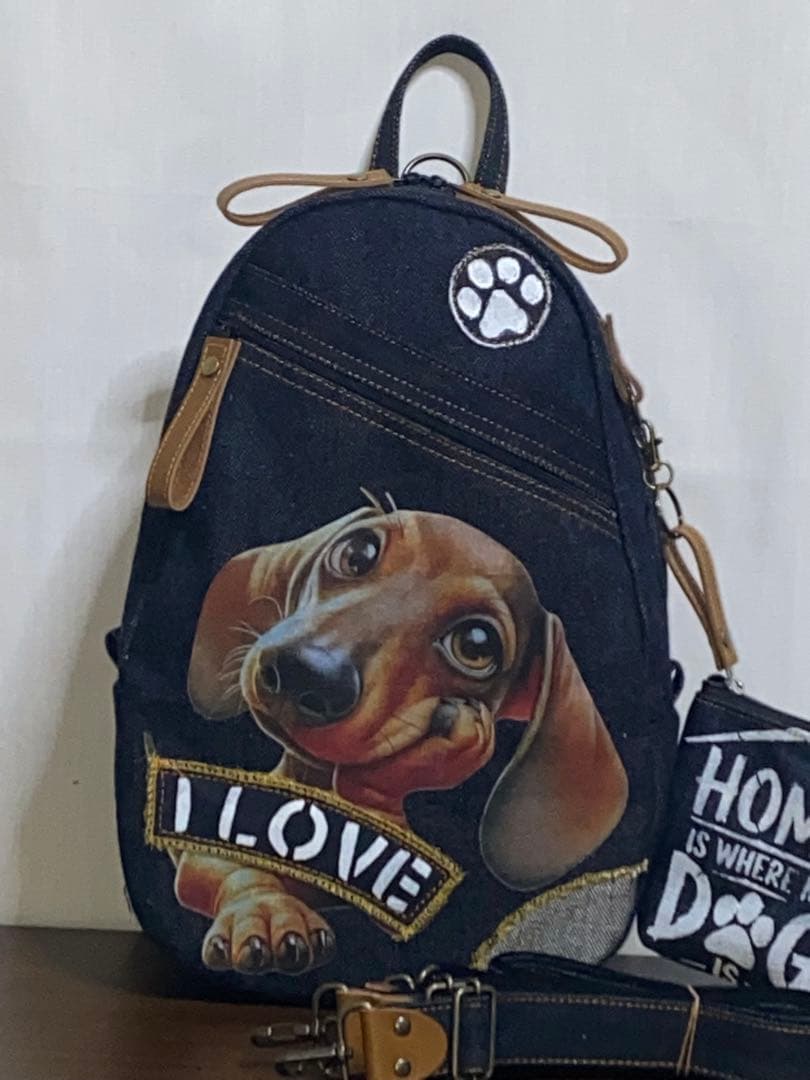 男女兼用☆岡山デニム☆ダックス☆ステンシル♪リュックorワンショルダーバッグ