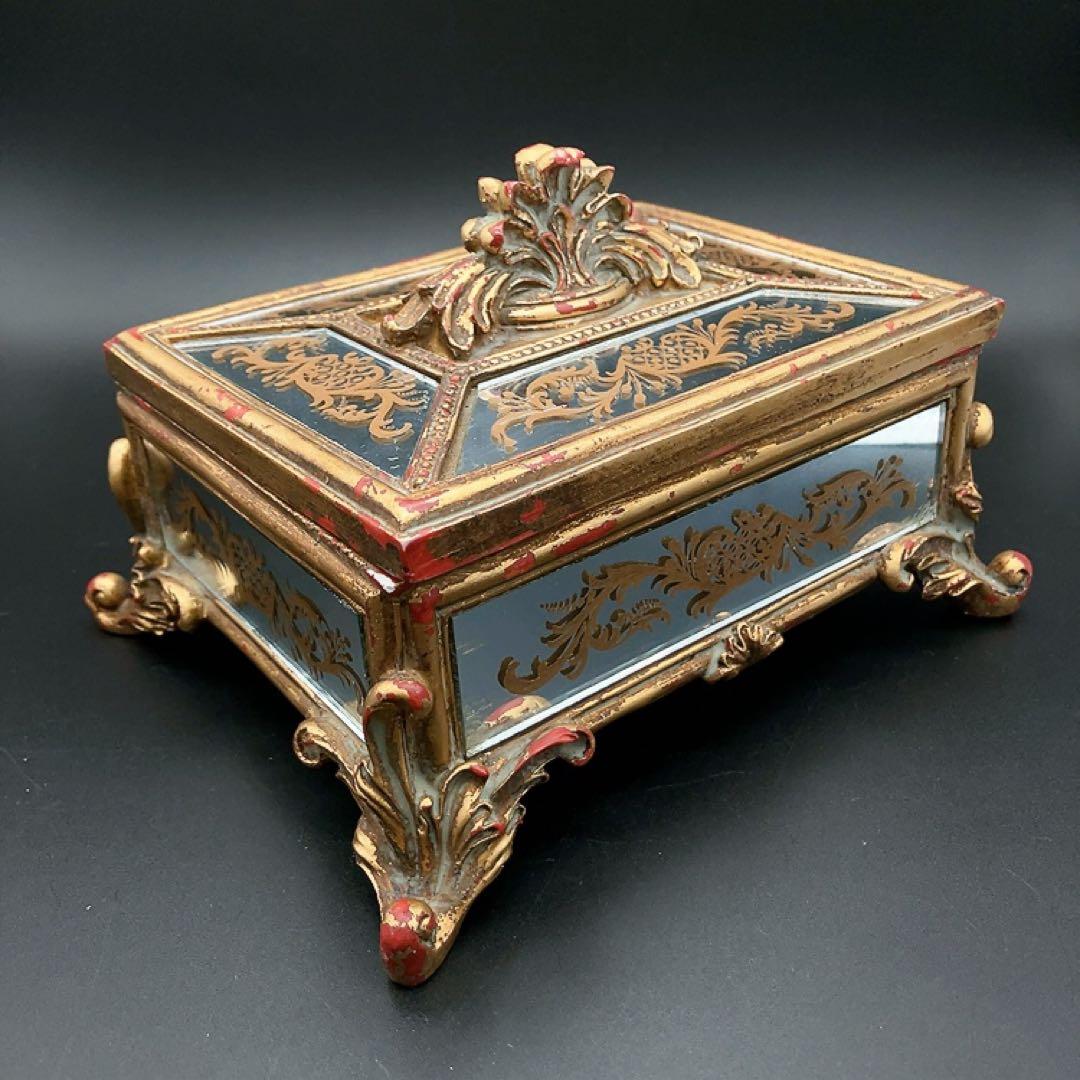 ゴージャスなアンティーク調リーフ柄小物入れ ミラーカバーボックス