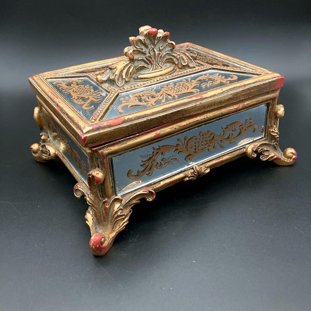 ゴージャスなアンティーク調リーフ柄小物入れ ミラーカバーボックス