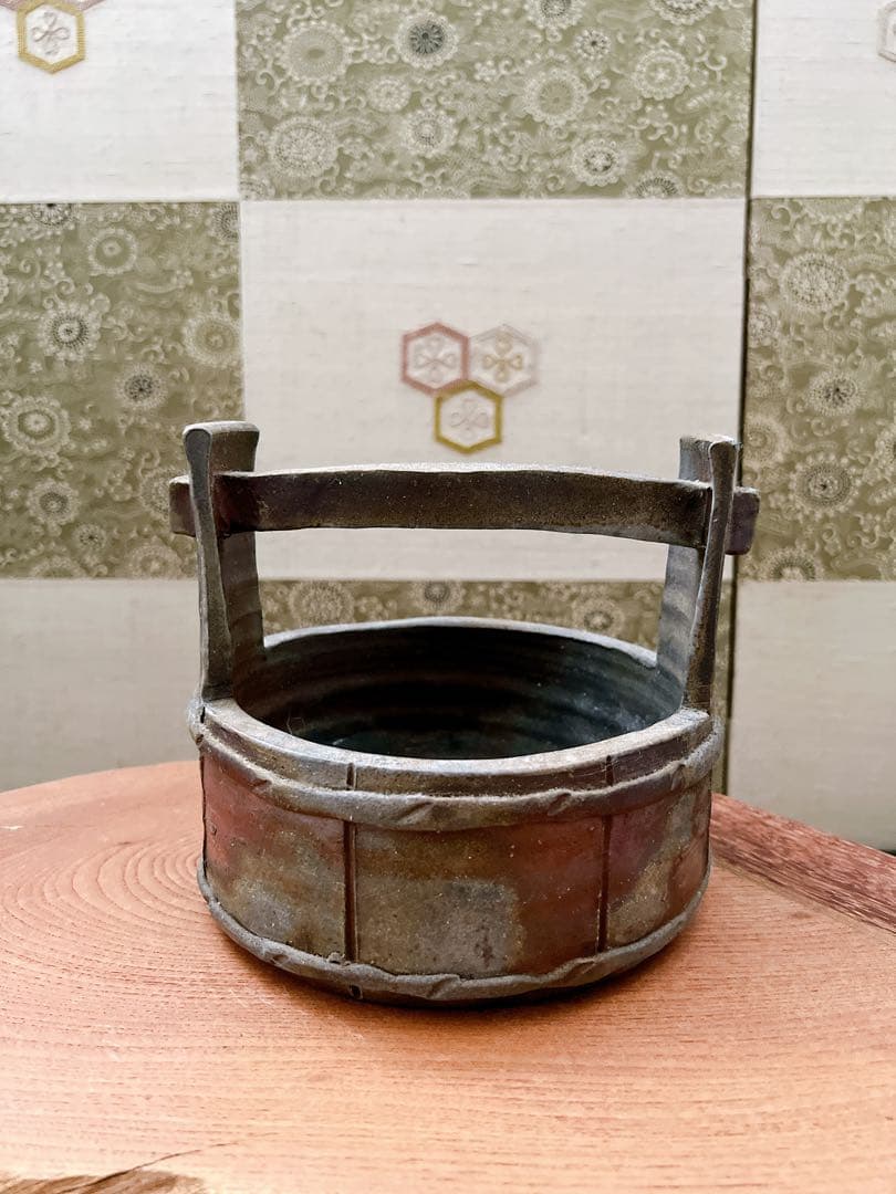 備前焼　手桶花入れ　花器　花瓶 置物　骨董品　手付花入