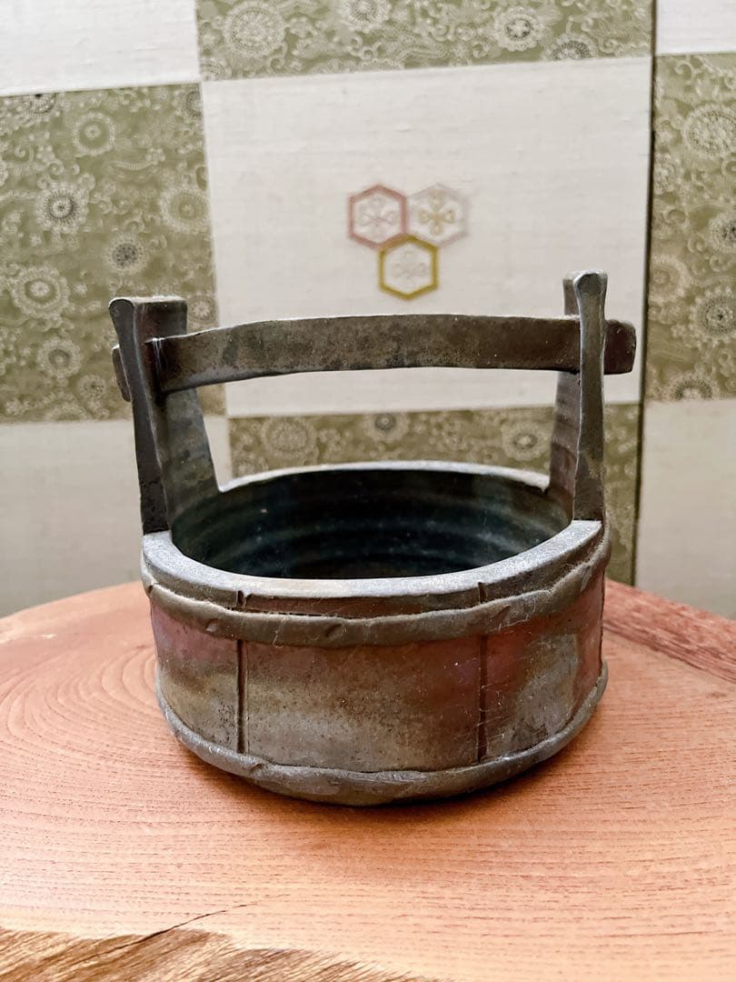 備前焼　手桶花入れ　花器　花瓶 置物　骨董品　手付花入