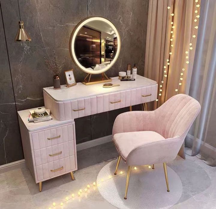 オシャレ　ドレッサー　グレー　デスク引き出し3杯LEDミラー椅子　棚4点セット