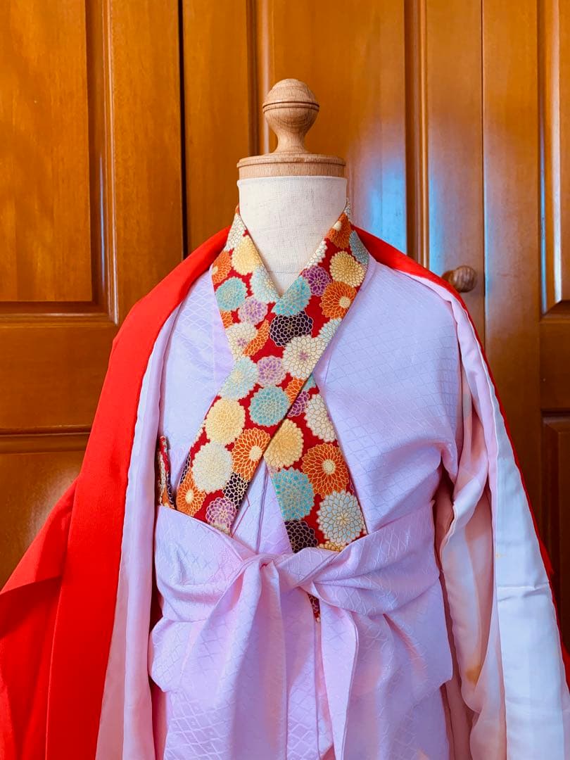 七五三　3歳から5歳の女の子のお支度　正絹手縫い　朱色と藍色のコントラスト