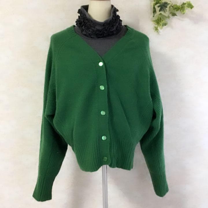 レトロ カーデガン シンプル ワントーン ラグラン カシミア ウール 古着 緑