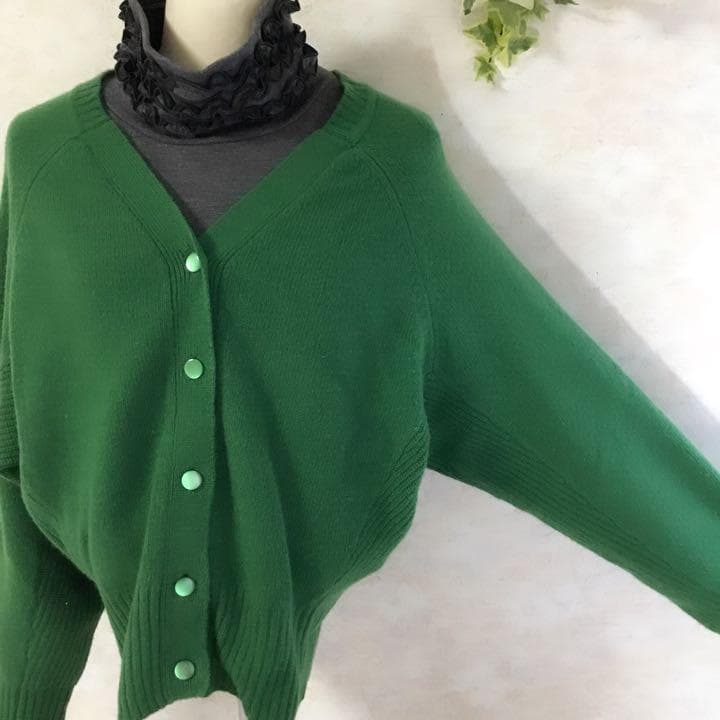 レトロ カーデガン シンプル ワントーン ラグラン カシミア ウール 古着 緑