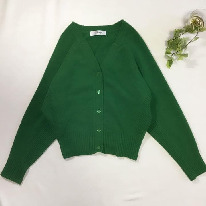 レトロ カーデガン シンプル ワントーン ラグラン カシミア ウール 古着 緑