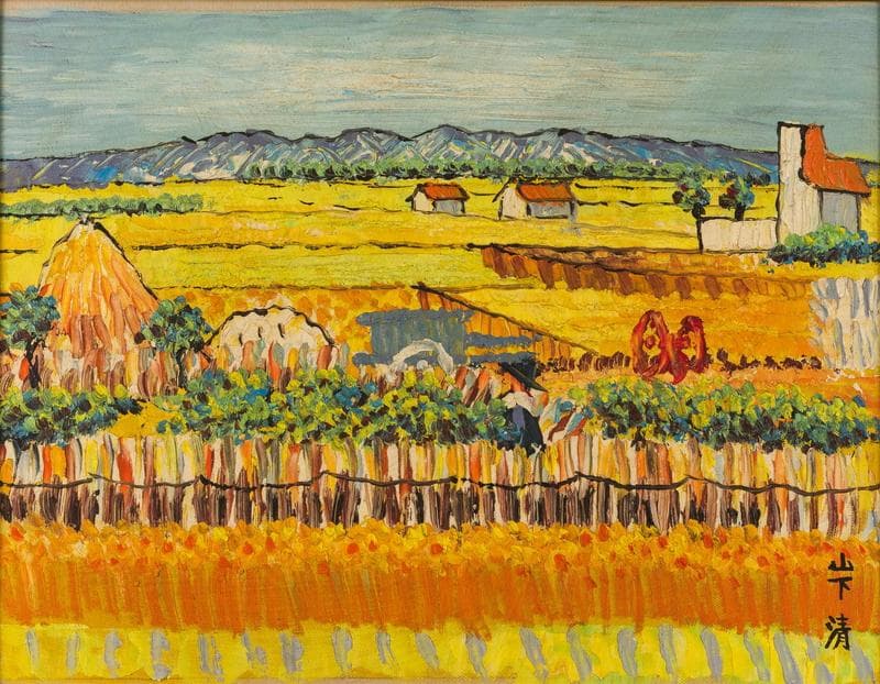 山下清　油彩　肉筆『収穫の秋』表サイン　裏サイン　共シール　F6号　額　b946