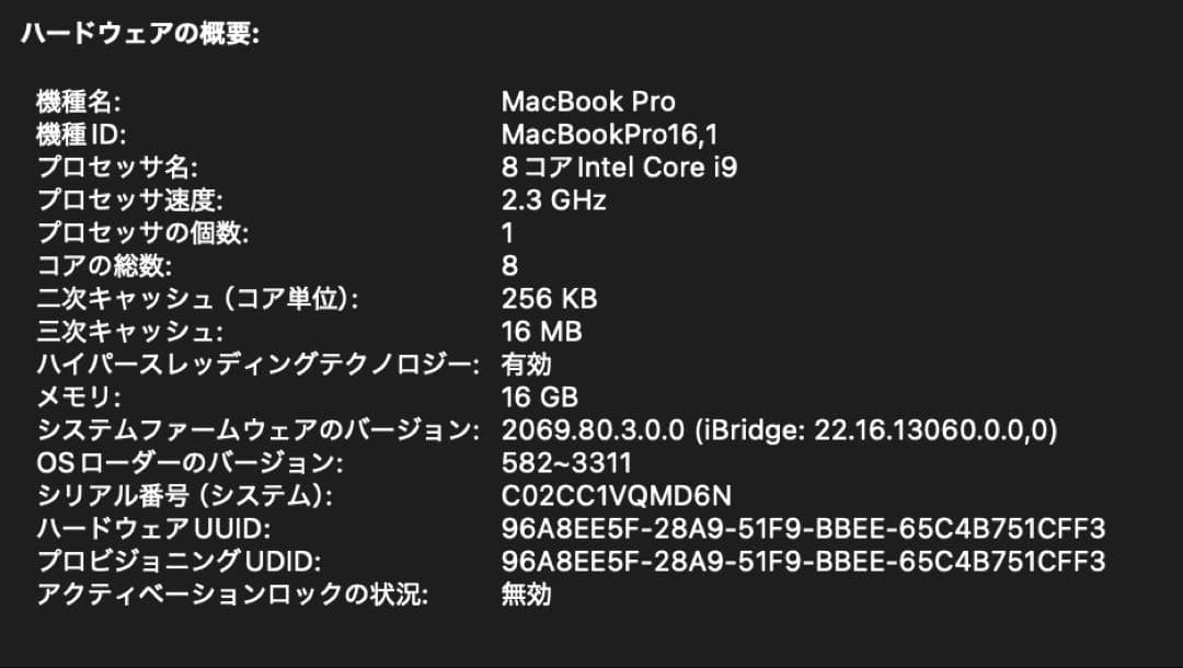 MacBook本体 MacBookPro 16inch 2019 16GB 1TB