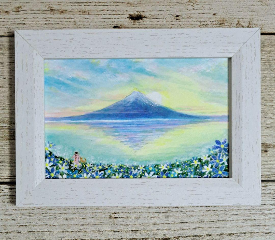 【おまとめ購入でSOLD OUT】富士山の朝焼け☆花畑から　アクリル画　#57