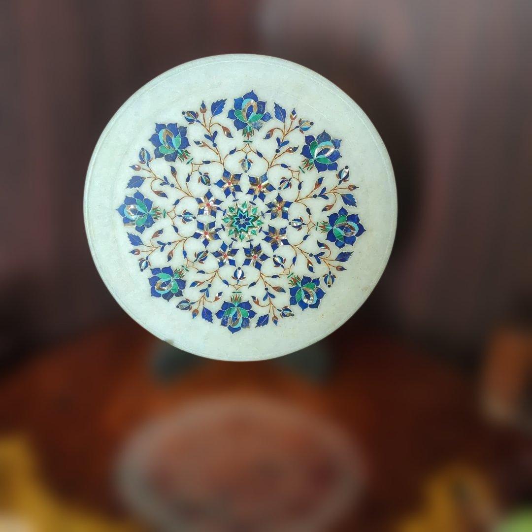 インド伝統工芸品、大理石象嵌細工 のプレート、木製スタンド付