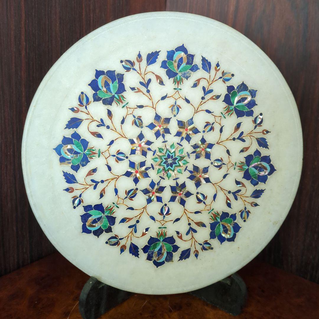 インド伝統工芸品、大理石象嵌細工 のプレート、木製スタンド付