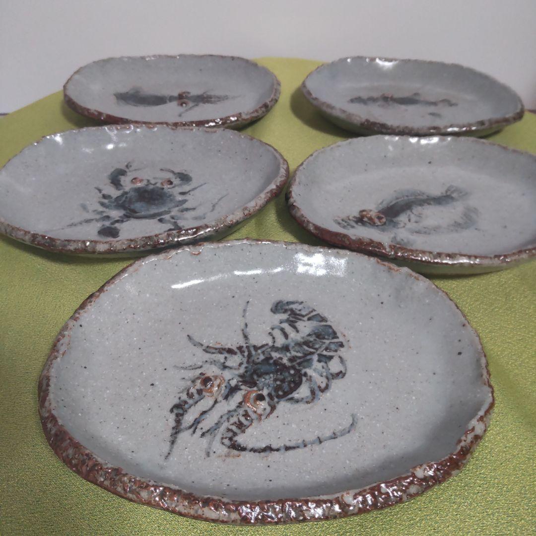 九谷焼 市川清鱗 清麟 清鱗 海の幸 小判皿 皿 5枚