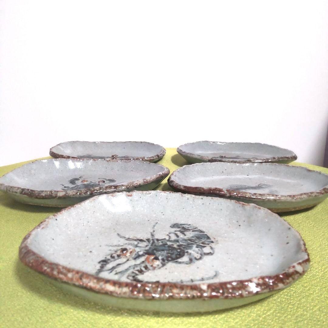 九谷焼 市川清鱗 清麟 清鱗 海の幸 小判皿 皿 5枚