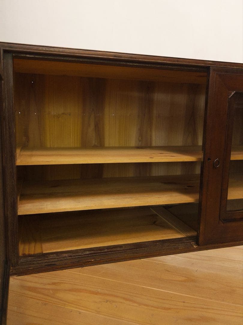 ガラス棚　ローボード　無垢材　M074　古道具　古家具　ビンテージ　アンティーク